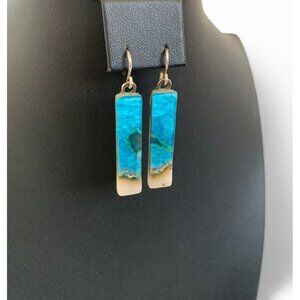 Handcrafted Phoenix Stone Rectangular Drop Earrings Blue Green Silver Hooks